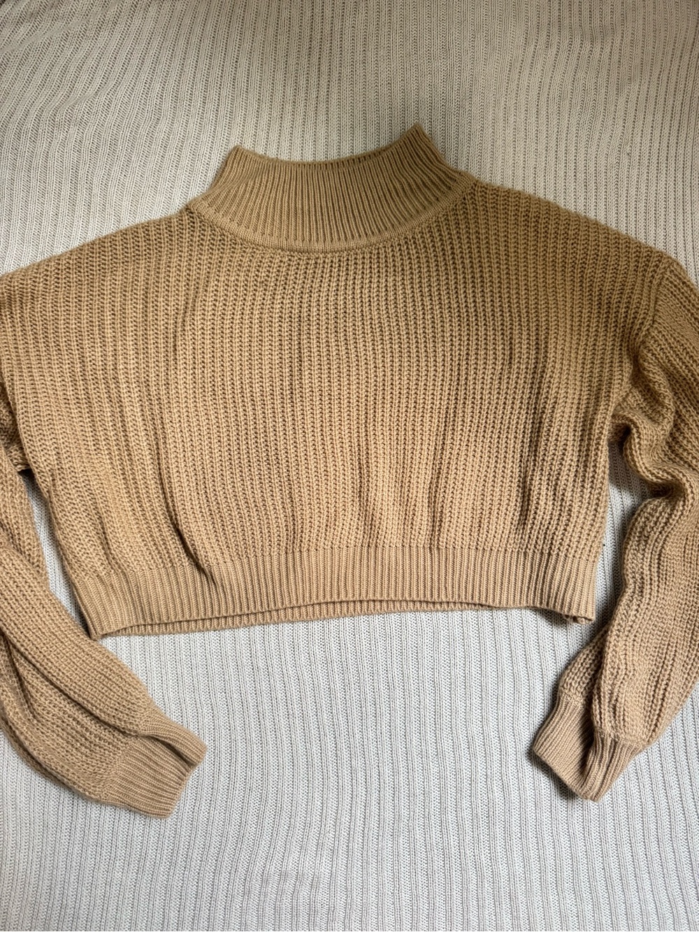 SHEIN Beige Cropped Rib-Knit Mock Neck Long Sleeve Pullover Sweater Women's M